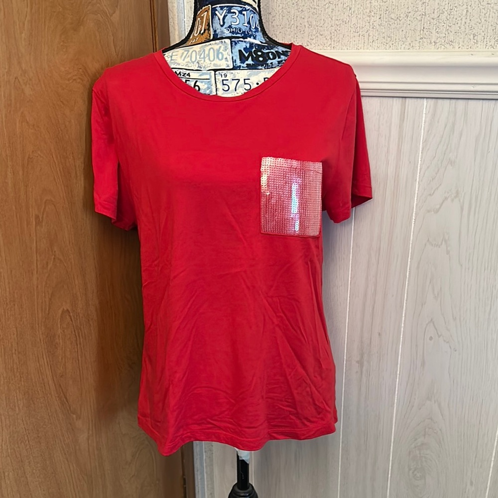 DKNY Red Sequin Pocket Women's Top